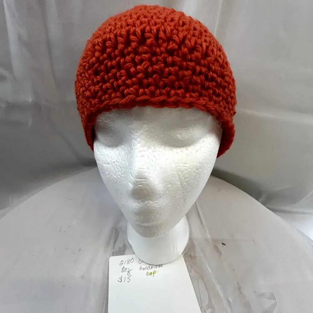 SKU 2180 Handmade Hand Crocheted Bright Orange Beanie Cap Hat 9x7